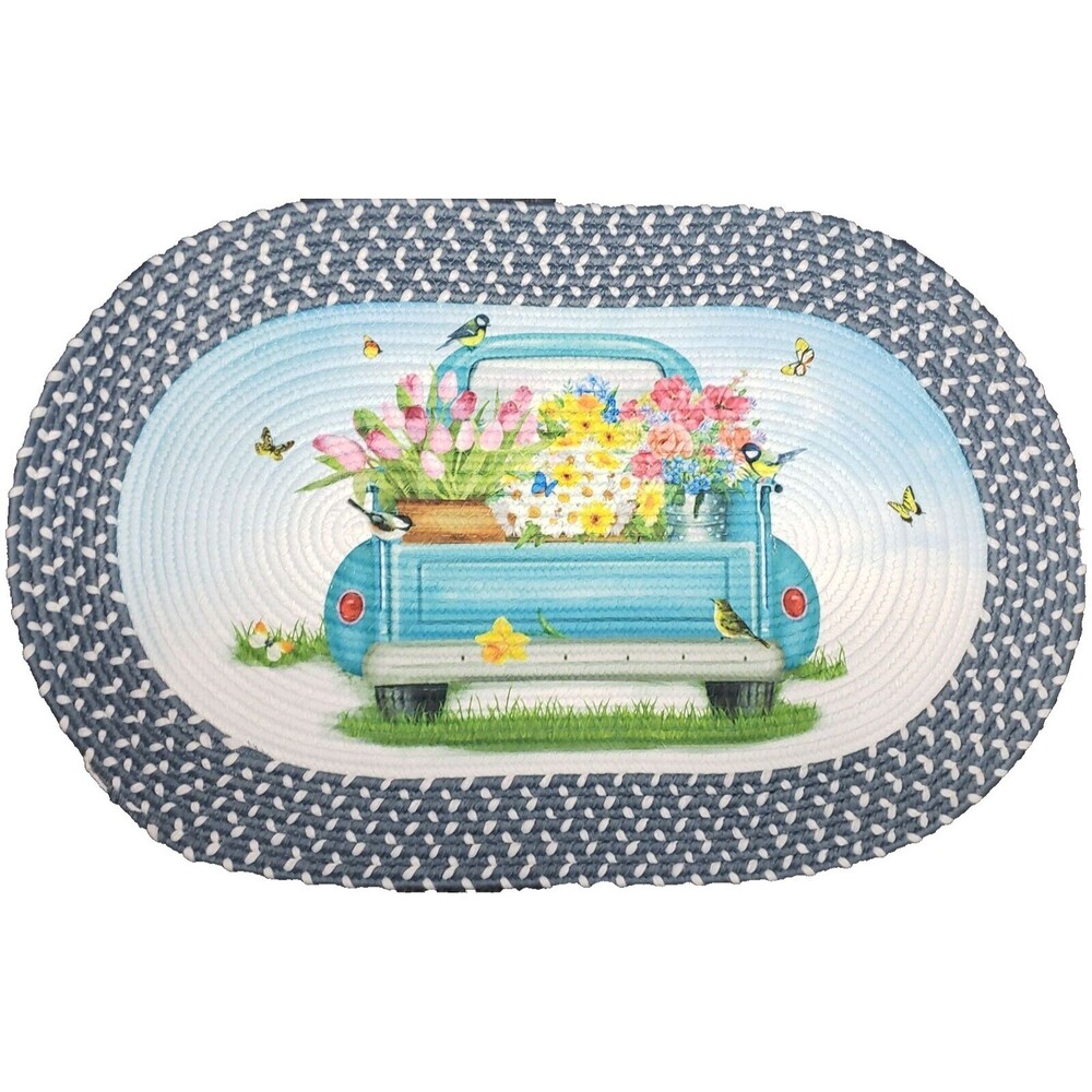 Oval Braided Kitchen Accent Rug (20"x30") BLUE SPRING TRUCK WITH FLOWERS, CE